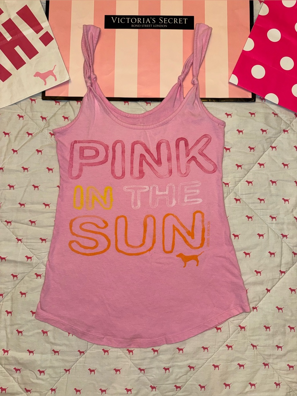 VS PINK VINTAGE Y2K KNOTTED STRAP TANK TOP “PINK IN THE SUN” DOG PUP RARE HTF